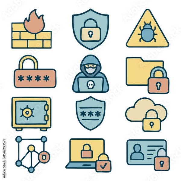 Fototapeta Secure icons representing cybersecurity concepts, including firewalls, locks, and hackers