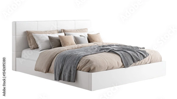 Fototapeta Modern minimalist bedroom featuring a stylish white bed with plush pillows and a cozy blanket. set against a clean. bright background. ideal for home decor inspiration