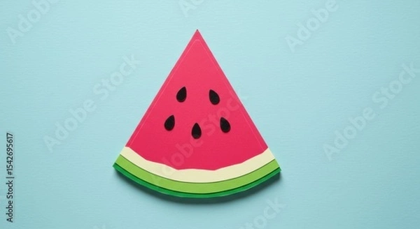 Fototapeta Colorful paper art slice of watermelon with seeds on pastel background in minimal style