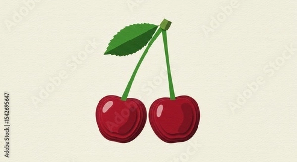 Obraz Illustration of two ripe cherries connected with green stems and a leaf on a plain background