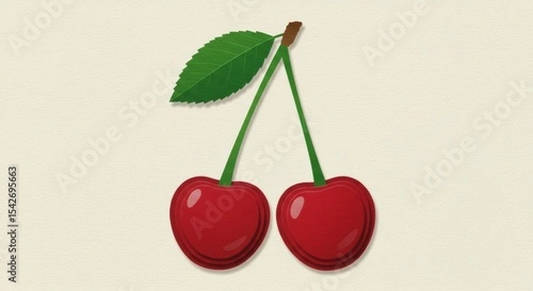 Obraz Illustration of two ripe red cherries with green stems and a single leaf on a light background