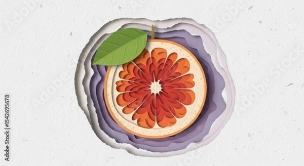 Fototapeta Creative layered paper art design of a sliced grapefruit with leaf on textured background