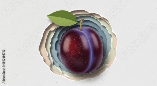 Obraz Realistic single plum with green leaf emerging from layered torn paper art design