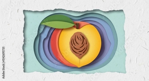 Obraz Colorful layered paper cut art of a peach fruit with leaf and seed detail