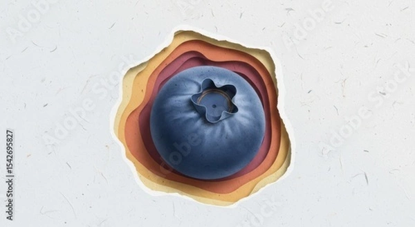 Fototapeta Close up of a single blueberry on layered colorful paper with textured background