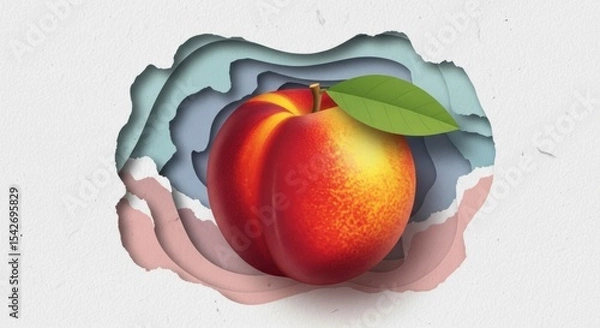 Obraz 3d illustration of a ripe peach fruit emerging from layered paper cutout background in pastel colors