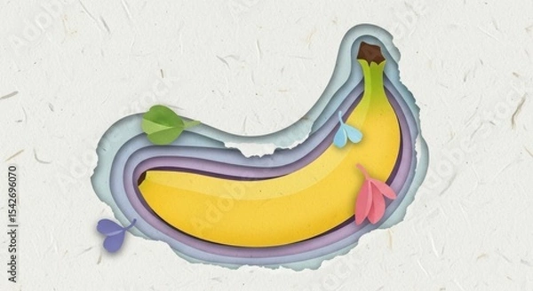 Obraz Creative layered paper art illustration of a ripe yellow banana with colorful accents and textured background