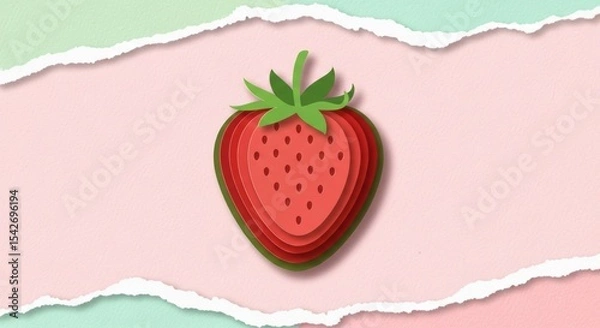Obraz Layered paper cutout art of a strawberry on pastel torn paper background