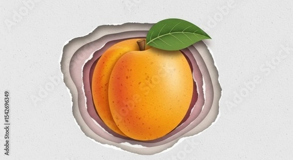 Obraz Realistic apricot fruit with leaf emerging from torn paper background in layered design