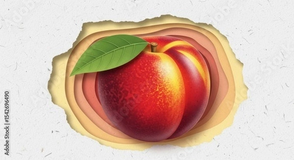 Obraz Realistic digital illustration of a juicy red peach with a green leaf on layered paper background