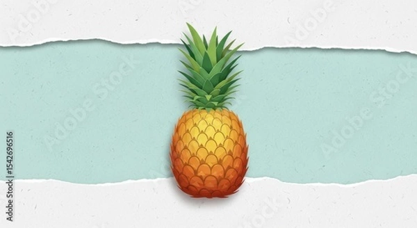 Obraz Bright colorful pineapple illustration centered on a torn paper textured background with a blue strip