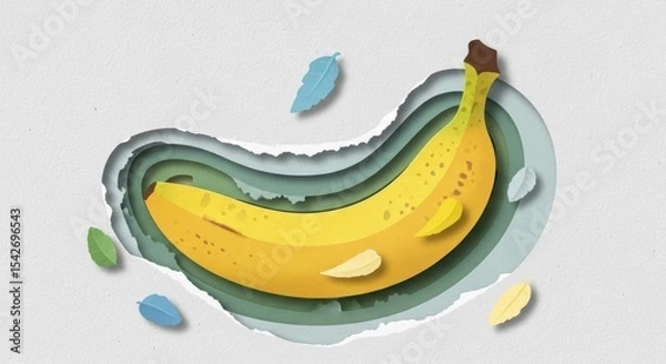 Obraz Illustration of a layered paper cut banana with leaves in artistic style