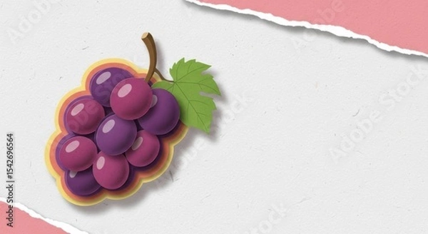 Obraz Illustration of vibrant purple grapes with green leaf on torn paper background