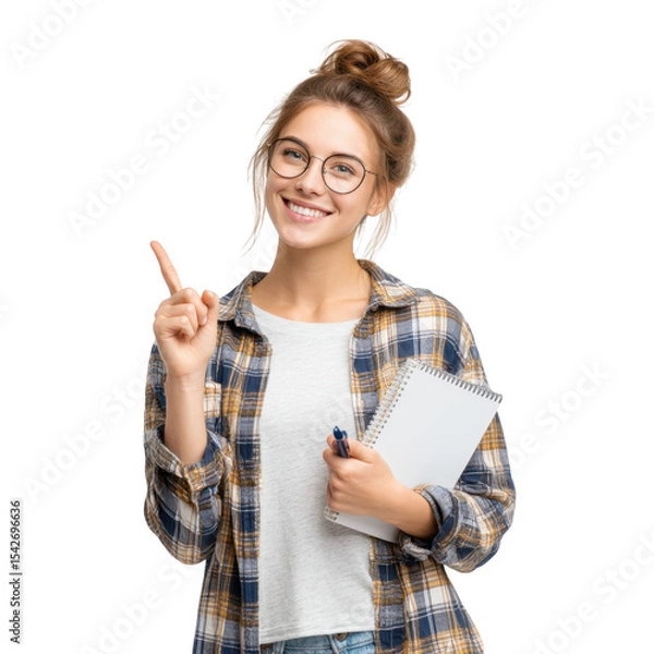 Fototapeta A young woman with glasses smiles while holding a notebook and pen. standing against a plain white background. conveying a sense of inspiration and creativity for educational or professional use