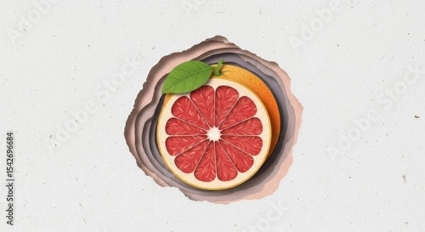 Obraz Artistic paper cut style grapefruit slice with leaf on textured background emphasizing citrus fruit freshness