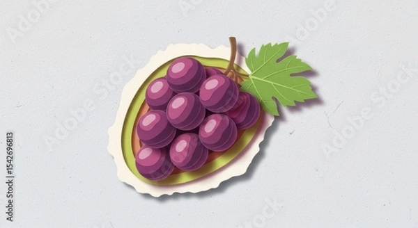 Obraz Close up illustration of a bunch of ripe purple grapes with a green leaf on a light background