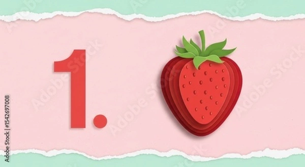Obraz Red number one with a layered paper cutout strawberry on a pink torn paper background