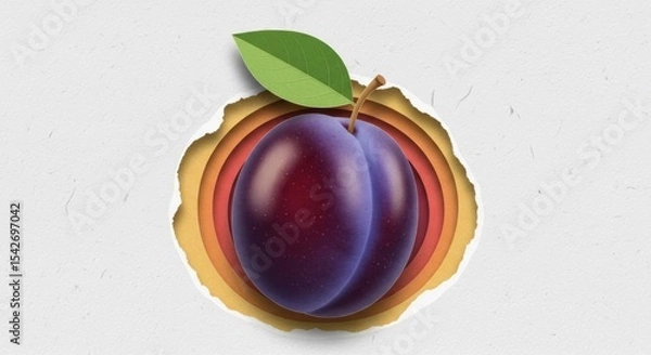 Obraz Realistic digital illustration of a ripe plum fruit with green leaf against layered paper cut background