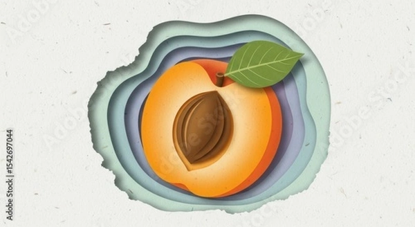 Obraz Illustration of a stylized apricot with a leaf and seed in layered paper cutout style