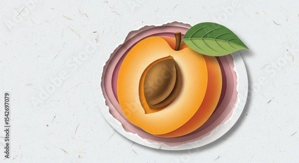 Obraz Illustration of a ripe peach fruit with seed and leaf on white textured background