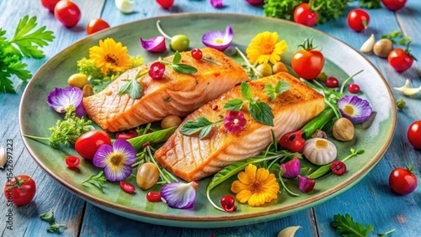 Fototapeta Gourmet Pan-Seared Salmon Filets, Delicately Presented on a Vibrant Green Plate with an Array of Edible Flowers and Fresh Herbs