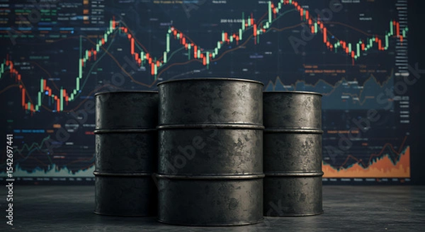 Fototapeta Oil Price Volatility: Crude oil barrels sit before a fluctuating stock market graph, symbolizing the instability and uncertainty of the global energy market.