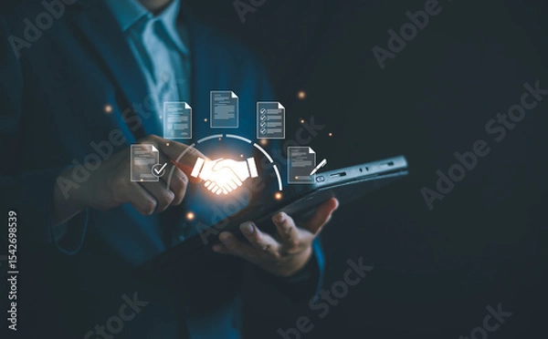 Fototapeta Businessman manage digital procurement process with business contract, invoice, approval documents, representing B2B sourcing, vendor management, supply chain, e-procurement.