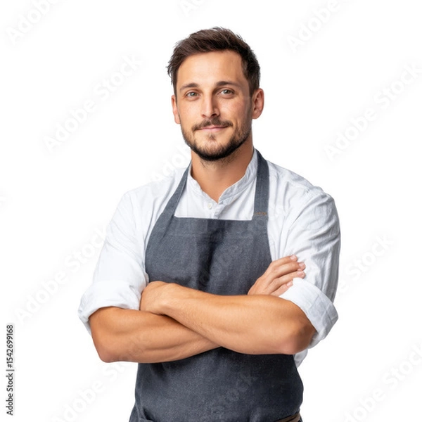 Fototapeta A confident male chef wearing a gray apron stands with crossed arms. showcasing his culinary skills in a bright. minimalist kitchen environment. perfect for cooking-related content