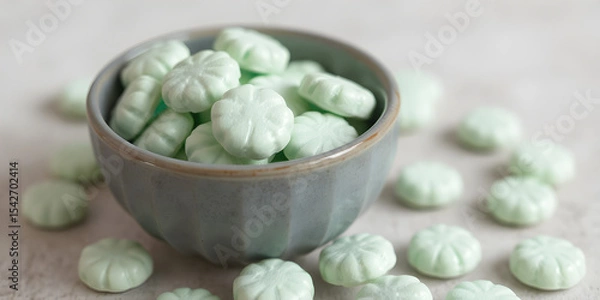 Obraz Pale Green Mint Candies in a Dark Grey Bowl