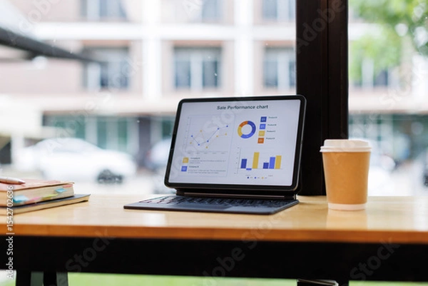 Obraz Tablet is displaying a report data graph white screen for your advertisement on a work desk with a notebook and a pen near a window

