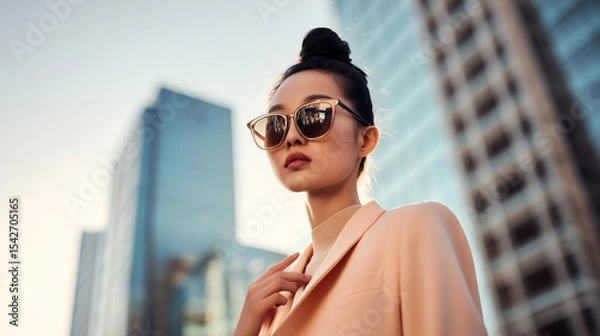 Fototapeta Asian woman wearing sunglasses and a stylish blazer confidently poses in an urban environment. The modern skyscrapers create a backdrop, showcasing her fashionable look. Image made using Generative AI