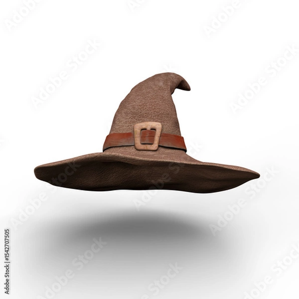 Fototapeta Brown Witch Hat with Buckle on White Background Isolated. 3D Illustration. File with Clipping Path