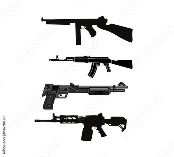 Fototapeta Weapons Silhouette Vector Set – Realistic Firearms Collection of Rifles, Guns, and Military Arms