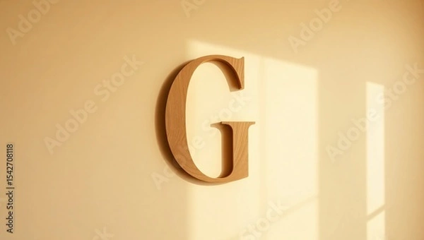 Fototapeta Elegant Capital Letter G Crafted from Light Stained Oak with Smooth Curves – Minimal Wall Art Style on Warm Beige Background with Clean Shadows and Natural Wood Texture