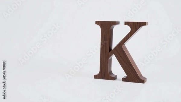 Fototapeta Bold Wooden Letter K with Diagonal Cut Design Made from Rich Walnut Wood – Leaning Style Display on Minimal Plain Surface with Clean Composition and Natural Texture for Mockup or Decor Use