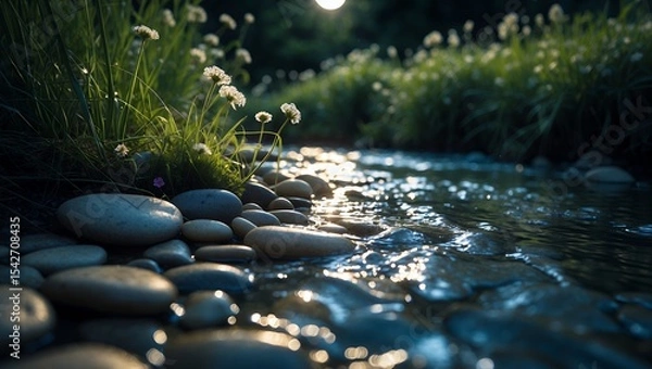 Fototapeta Calm Stream Flowing Through Rocks with Wildflowers and Sunlight
