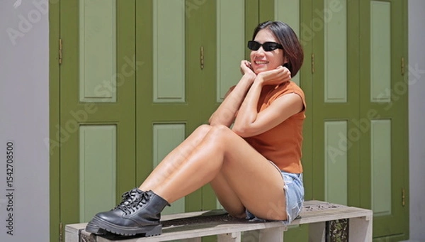 Obraz Stylish Asian woman sits under the sun on a bench against a green shuttered door, wearing a rust-colored crop top, distressed denim shorts, and black combat boots