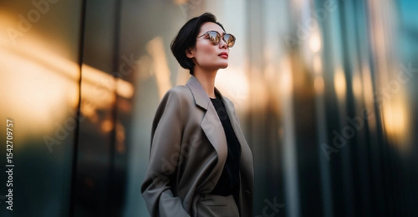 Fototapeta Modern Asian businesswoman in a stylish suit and reflective sunglasses posing against a glass building at sunset, showcasing elegance and confidence. Image made using Generative AI.