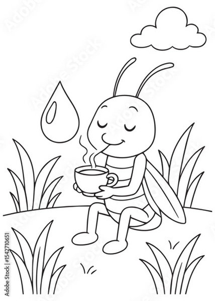 Fototapeta Coloring book grasshopper enjoying a warm cup of tea during a light rain
