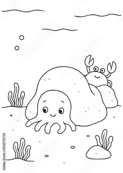 Fototapeta Coloring book octopus peeking from behind a rock with a happy crab, a charming undersea coloring page