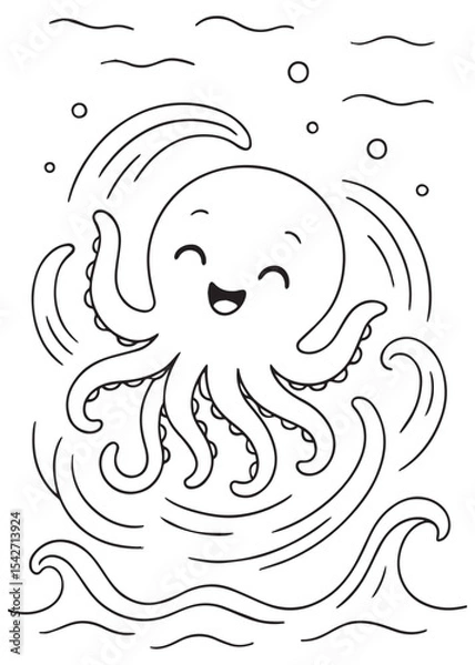 Fototapeta Coloring book octopus happily splashing and creating waves in the water