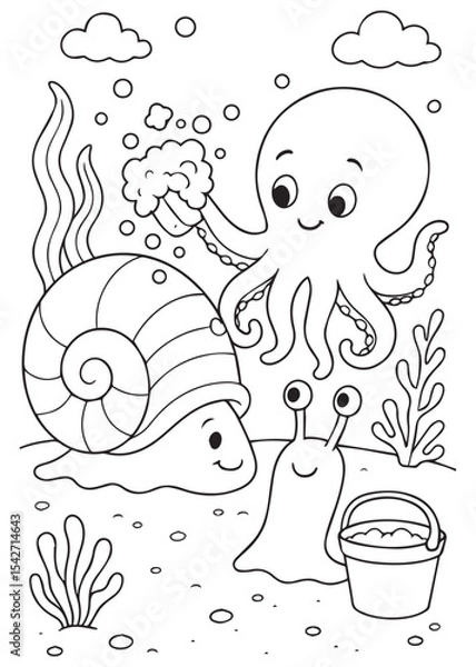 Fototapeta Coloring book octopus, happy snail, and slug building sandcastles under the sea