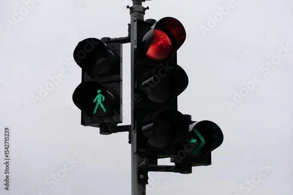 Obraz Urban crosswalk light with red and green signals in cloudy weather