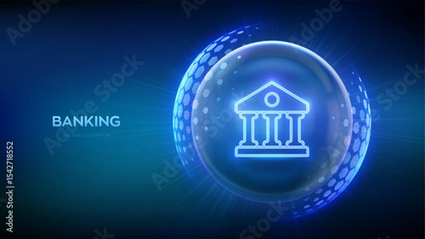 Fototapeta Banking. Online banking and payment. Secure transactions. Financial data protection. Cyber security. Finance networking. Glass transparent sphere with surface of hexagons with Bank icon. Vector. EPS10