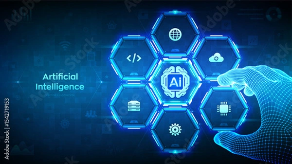 Fototapeta AI. Artificial Intelligence technology. Digital brain. Neural network. Machine learning. Deep learning. Big data analysis. Wireframe hand places an element into a composition. Vector illustration.