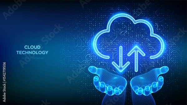 Fototapeta Cloud computing service. Cloud icon in wireframe hands. Secure Cloud Storage. Database storage, Data center. Upload download app. Circuit board pattern PCB printed circuit texture. Vector illustration