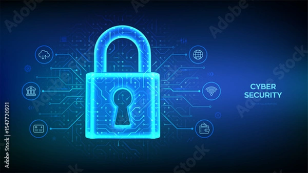 Fototapeta Cyber security and data protection technology concept. Padlock with keyhole. Network safety. Information privacy idea. Circuit board pattern. PCB printed circuit texture. Vector illustration.