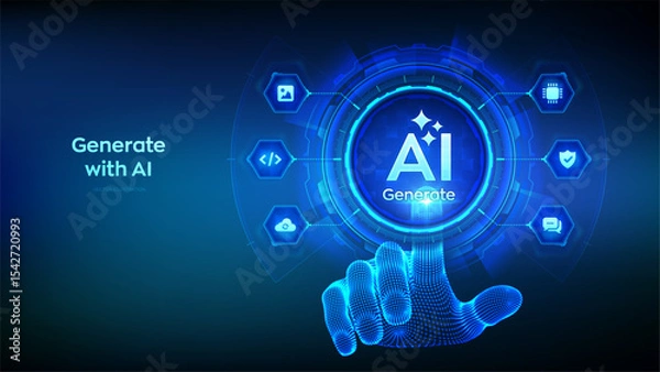 Fototapeta Generate with AI button. Artificial intelligence and Machine learning technology concept. AI enters by command prompt to generate ideas. Hand about to press a Generate AI button. Vector illustration.