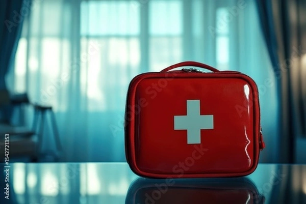 Fototapeta Red first aid kit on a table.