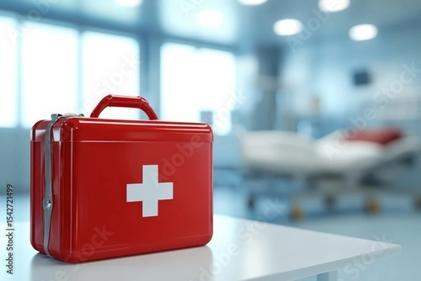 Fototapeta Red medical first-aid kit on a table.